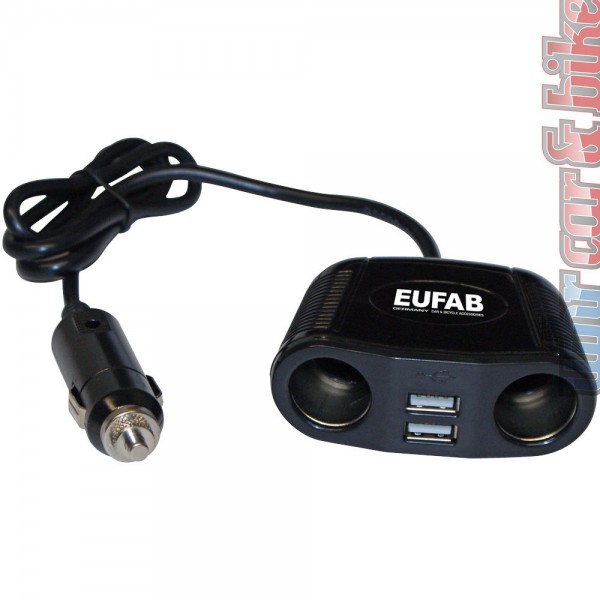 Eufab 12V Doppelsteckdose Verteiler + 2x USB Zigarettenanzünder Steckdose