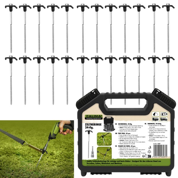 Calima Zeltheringe Felsbodenheringe 24-tlg Erdnagel Bodenanker + stabilen Koffer