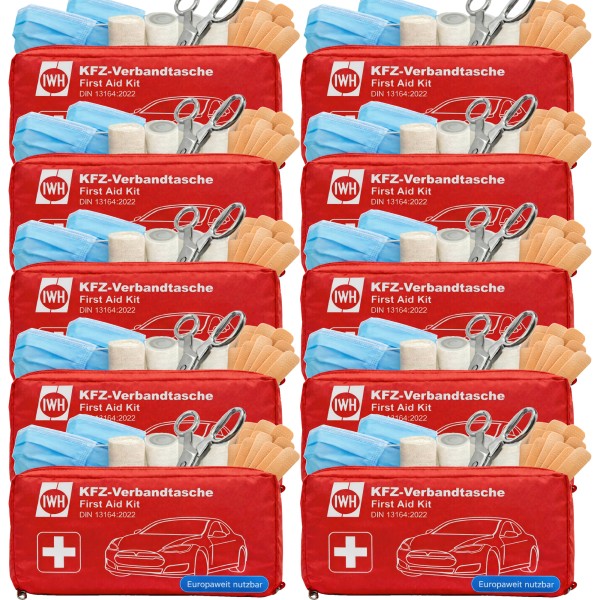 10x Auto Verbandtasche Verbandskasten rot KFZ MHD 12/2030 Norm DIN13164:2022