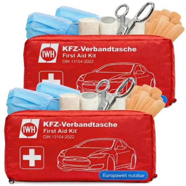 2x Auto Verbandtasche Verbandskasten rot neue Norm KFZ MHD 12/2030 DIN13164:2022