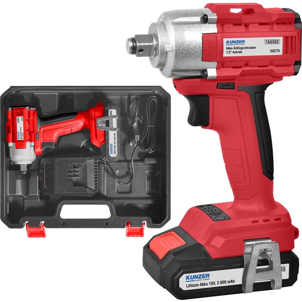 Kunzer Akku Schlagschrauber 450Nm 1/2" 18V 2Ah + Lithiumakku, Ladegerät + Koffer