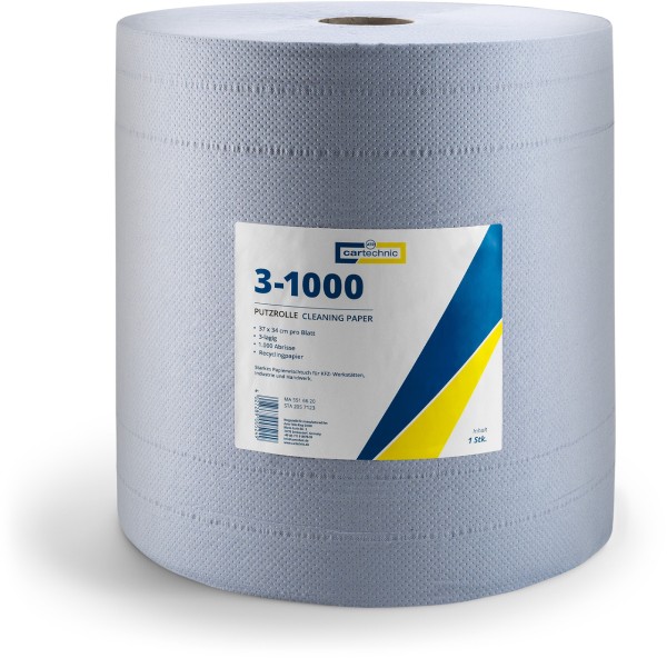 Cartechnic Putzrolle Papier-Rolle blau 3-lagig 1000 Abrisse perforiert 37x34cm