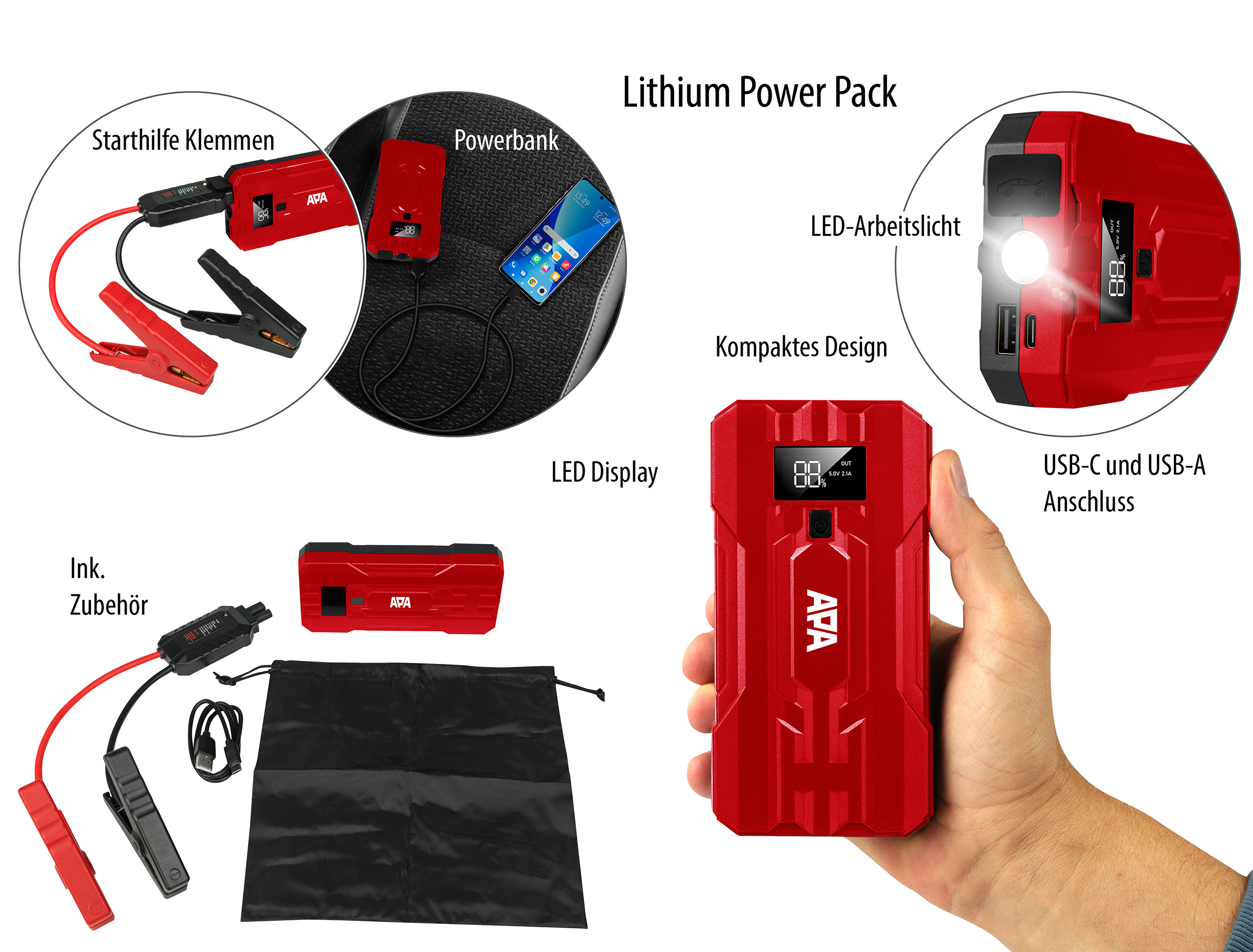 Lithium Powerpack Starthilfe Powerbank APA 12V 400A / 800A 10.000