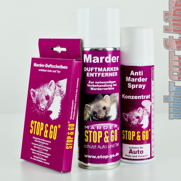 Stop&Go Marder Duftmarken-Entferner & Abwehrspray + Duftscheibe Marderschutz Set
