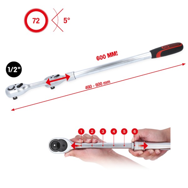 KS Tools Teleskop-Umschaltknarre Ratsche extra-lang 460-600mm 1/2" 72-Zahn